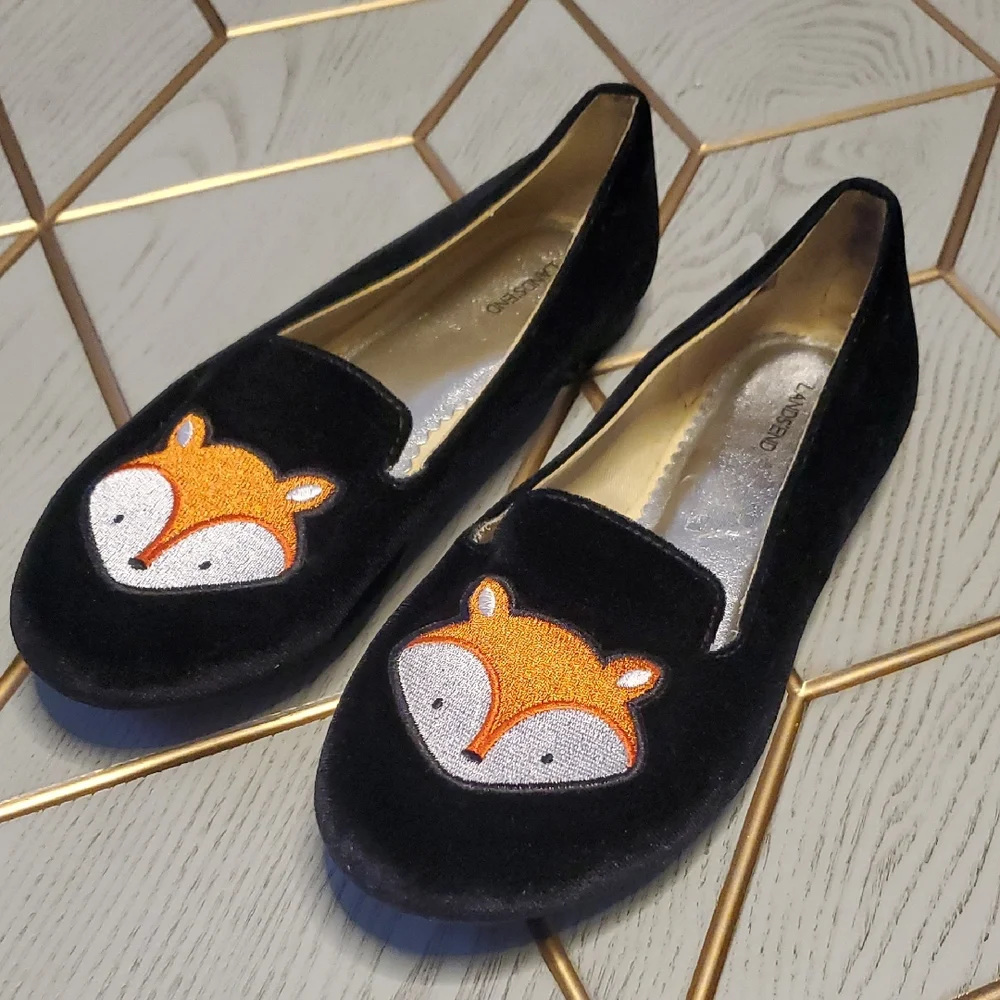 Lands'end Black Velvet Girl's Slip-On Flats with Orange Fox. Size 4M.